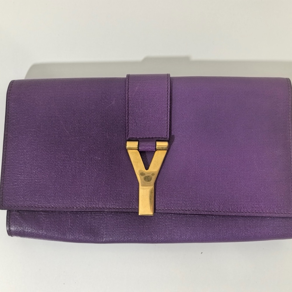 Yves Saint Laurent Purple Leather Clutch with Gold Y-Clasp
